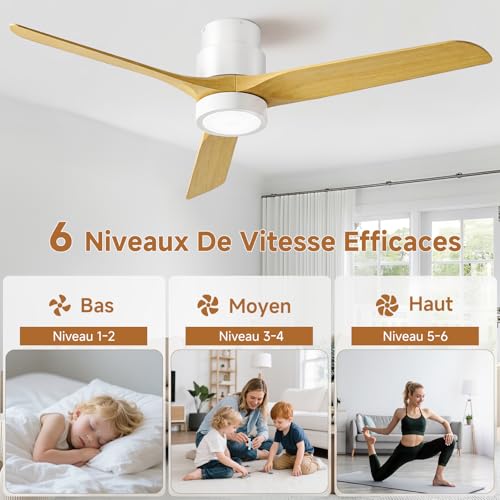 Ateroll Ventilateur de Plafond 3 Pales en ABS Ø132cm, Ventilateur Plafond Moderne 3 Températures LED (3000K-6500K), Télécommande Dimmable 6 Vitesses & Minuterie pour Chambre, Salon & Balcon