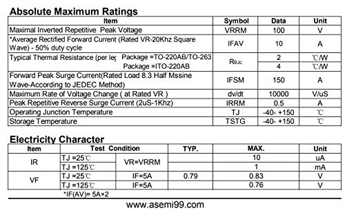 ASEMI (Pack of 10pcs) MBR10100FCT/MBRF10100CT Schottky Barrier Diode ITO-220AB 10A100V for SMPS