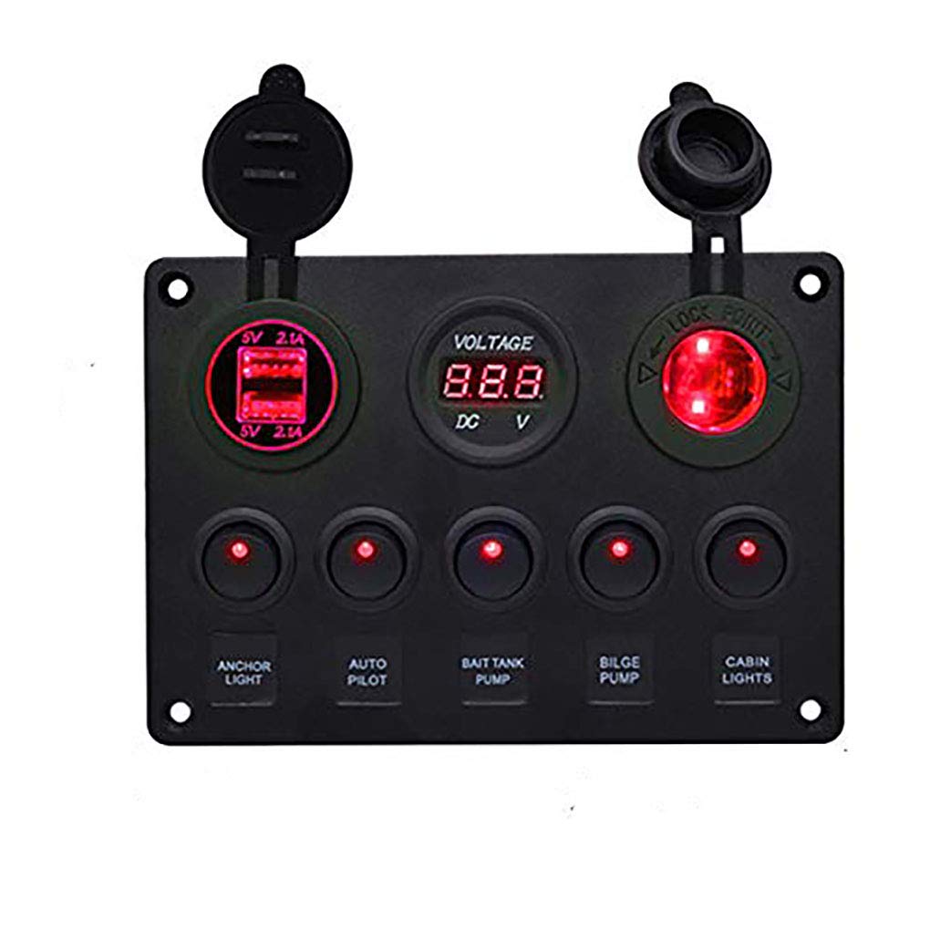 Boat Multi-Functions Panel - 5 Gang ON-OFF Toggle Switch Panel,Dual USB Socket Charger 2.1A&2.1A + Cigarette Lighter + LED Voltmeter for Car Marine RV Truck Camper Vehicles GPS Mobiles (Red)