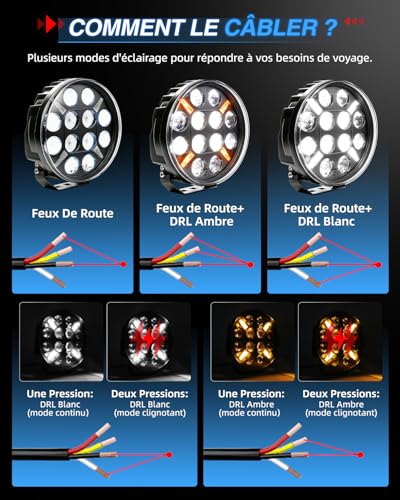 BraveWAY 9 Inch LED Work Light 2 PCS Long Range Led Headlight with Orange/White Flashing Light, 12 V - 24 V, E9 Approved for Car, Truck, Tractor, Front Lights
