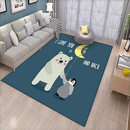 I Love You Anti-Skid Rugs Teddy Bear and Penguin Friends Arctic Valentines Under Moon Cartoon Girls Rooms Kids Rooms Nursery Decor Mats Slate Blue Grey Yellow