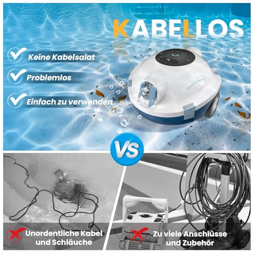 Bocxi Pool Robot, Wireless Pool Vacuum, Cordless Robot Pool Cleaner, Automatic, Powerful Pool Vacuum, 120 Minutes Running Time, Self-Parking, Ideal for Flat Floors up to 100 m² (White)