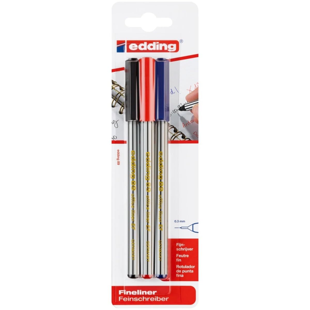 edding 89 - fineliner - black red blue - pack of 3 - extra fine round nib 0.3 mm - thin fibre pen for fine, precise writing, underlining, drawing - in the office or at home and at school