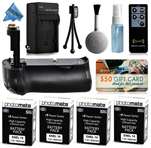 Multi Power Battery Grip + (4 Pack) Ultra High Capacity EN-EL14 ENEL14 Replacement Battery (1800mAh) + Replacement AC/DC Rapid Battery Charger with Car & European Adapter + Wireless Shutter Release Remote Control for Prints + Lens Cleaning Kit for Nikon D3200 DSLR SLR Digital Camera