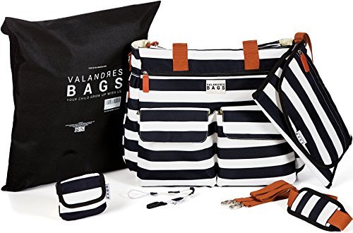 Diaper Bag for Baby Boys & Girls - Stylish & Durable Black/White Stripe Nappy Weekender Tote Bag - Large Capacity Purse with Stroller Straps, Changing Pad, Pacifier Clip, Pacifier Pod