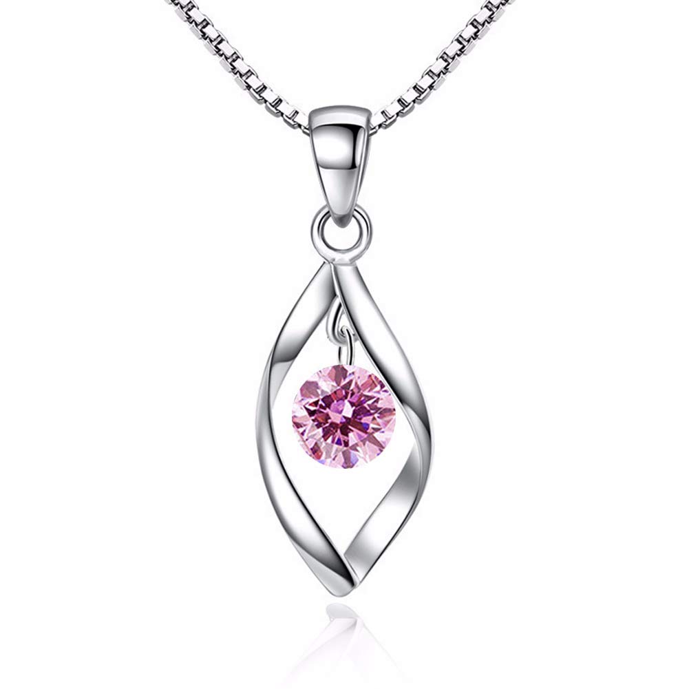 Zolkamery Silver Necklaces for Women, 925 Sterling Silver Necklace with Pink Zirconia, Hypoallergenic White Gold Necklace Chain with Waterdrop Pendant, Jewellery for Mother Girlfriend with Gift Box