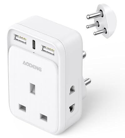 Aodeng UK to India Plug Adapter 6 in 1 USB C 32W Travel Charger Type D