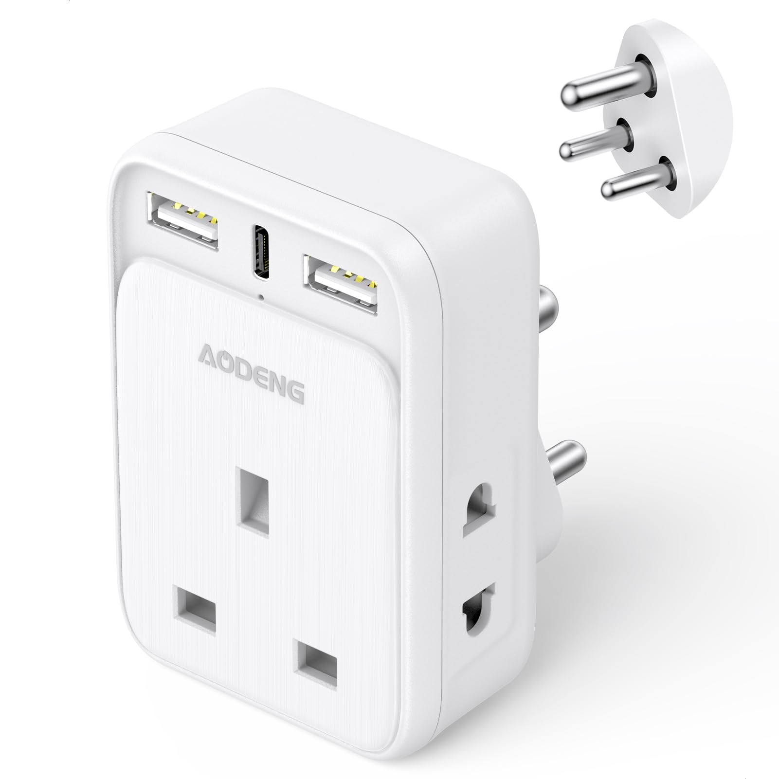 AODENG UK to India Plug Adapter, Grounded India Travel Adapter with 3 USB Ports 32W USB C Fast Travel Charger, Travel Adaptor Plug UK to india for india Pakistan, Sri Lanka, Yemen(Type D)