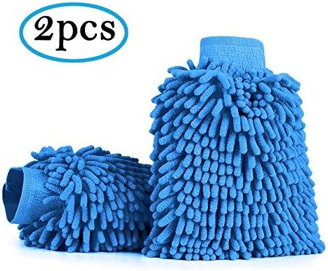 Car Wash Mitt Chenille Microfiber Car Washing Glove Super Absorbent Cleaning Plush Cloth Double Sided Extra Large Size Lint Free - Scratch Free (2 Pack, Blue) by DEFLAM