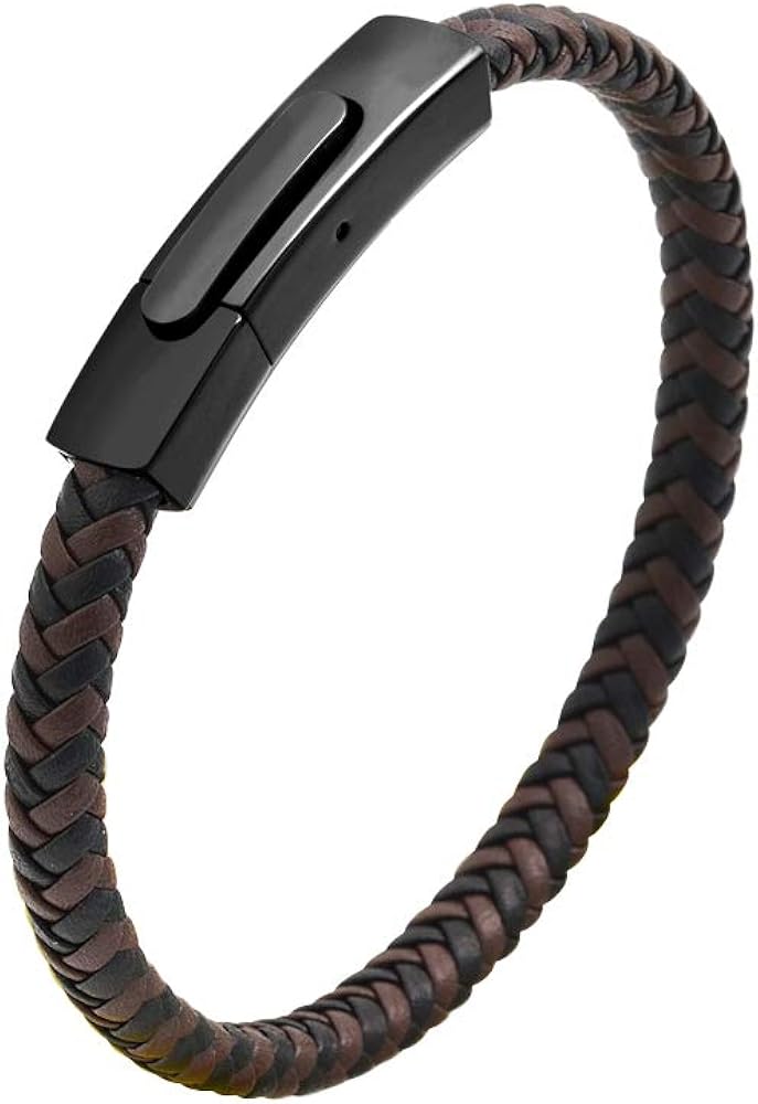 Geoffrey Beene Men's Braided Genuine Leather Fashion Bangle Bracelet with Stainless Steel Clasp (Brown): Clothing