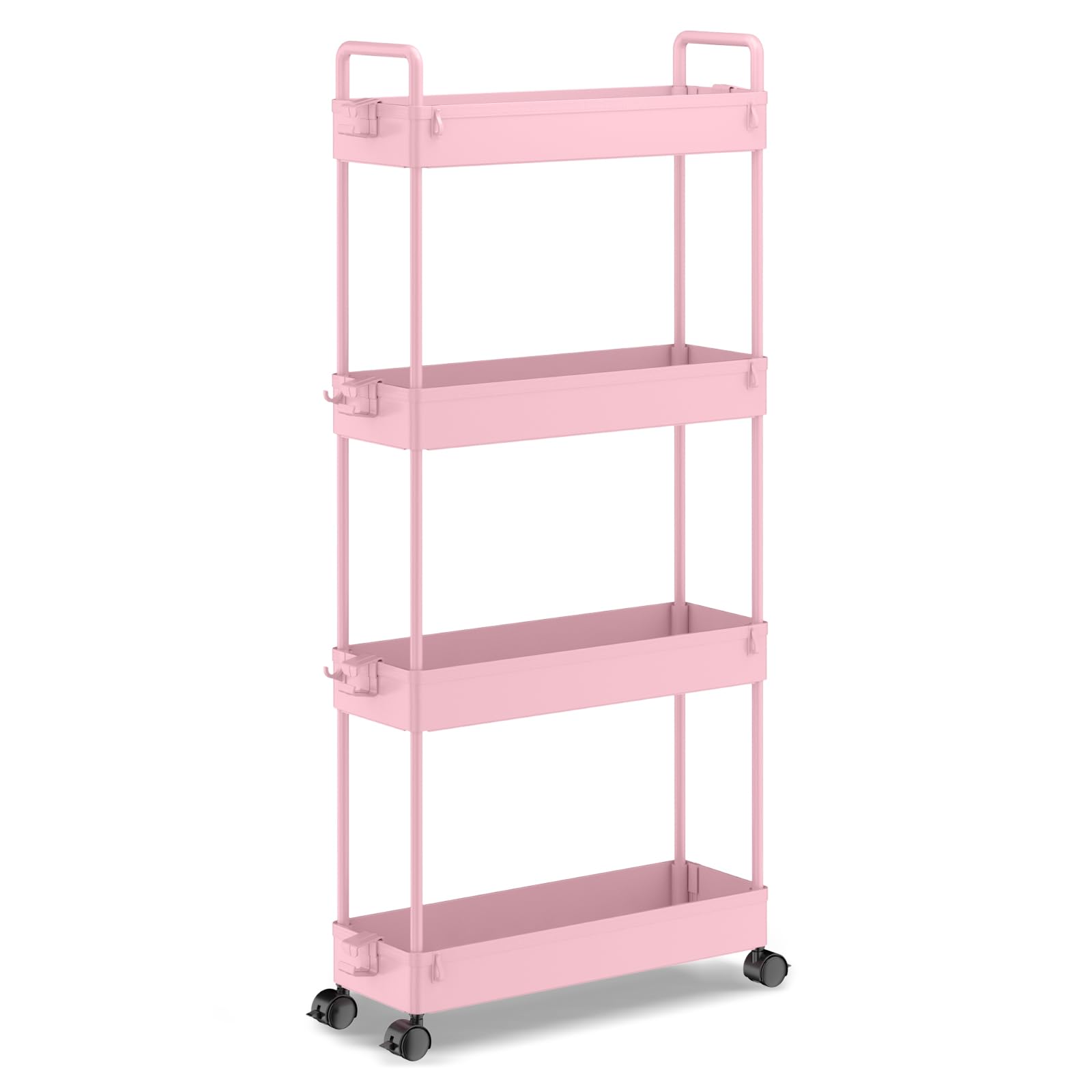 SOLEJAZZ 4-Tier Storage Trolley Cart Slide-out Slim Rolling Utility Cart Mobile Storage Shelving Organizer for Kitchen, Bathroom, Laundry Room, Bedroom, Narrow Places, Plastic, Pink