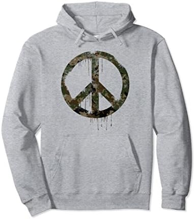 Unisex Rustic, Distressed Camouflage Peace Sign pullover hoodie Small Heather Grey