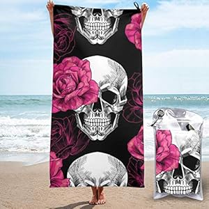 Microfibre towel lightweight travel beach towel | Extra large quick drying camping towel Premium gym towels for swimming yoga | Highly absorbent fast dry | Pink Roses Skull