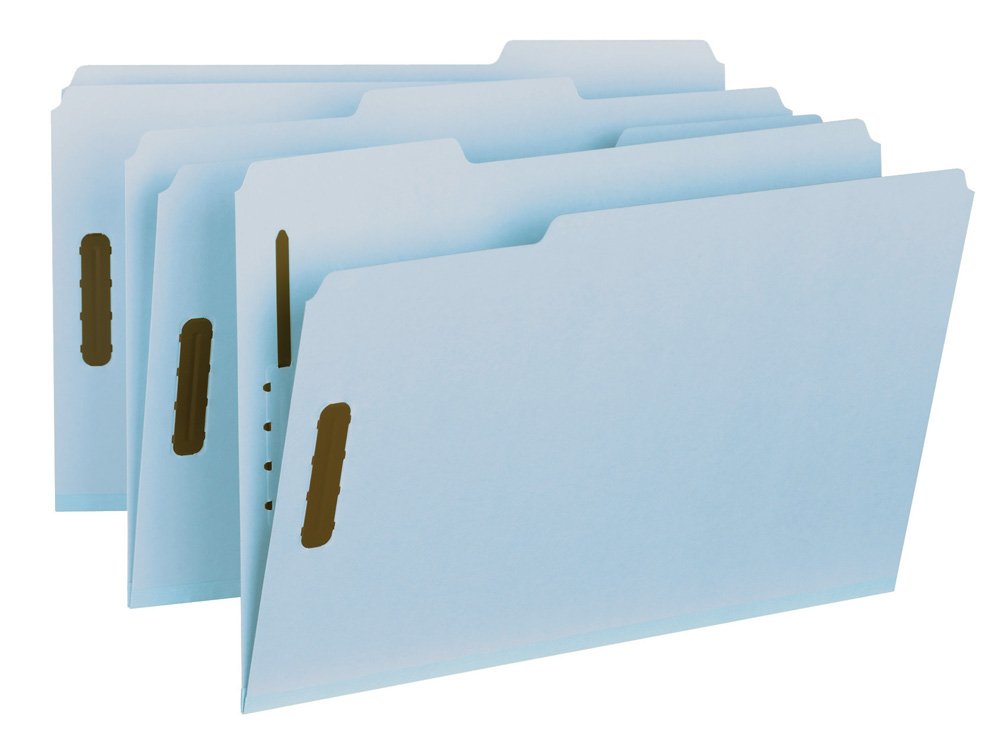 Smead 100% Recycled Pressboard Fastener File Folder, 2 Fasteners, 1/3-Cut Tab, 1" Expansion, Legal Size, Blue, 25 per Box (20000)