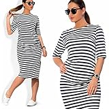 Yoyorule Fashion Striped women Plus Size Knee-length Loose O-Neck Casual Dress (2XL, Black)
