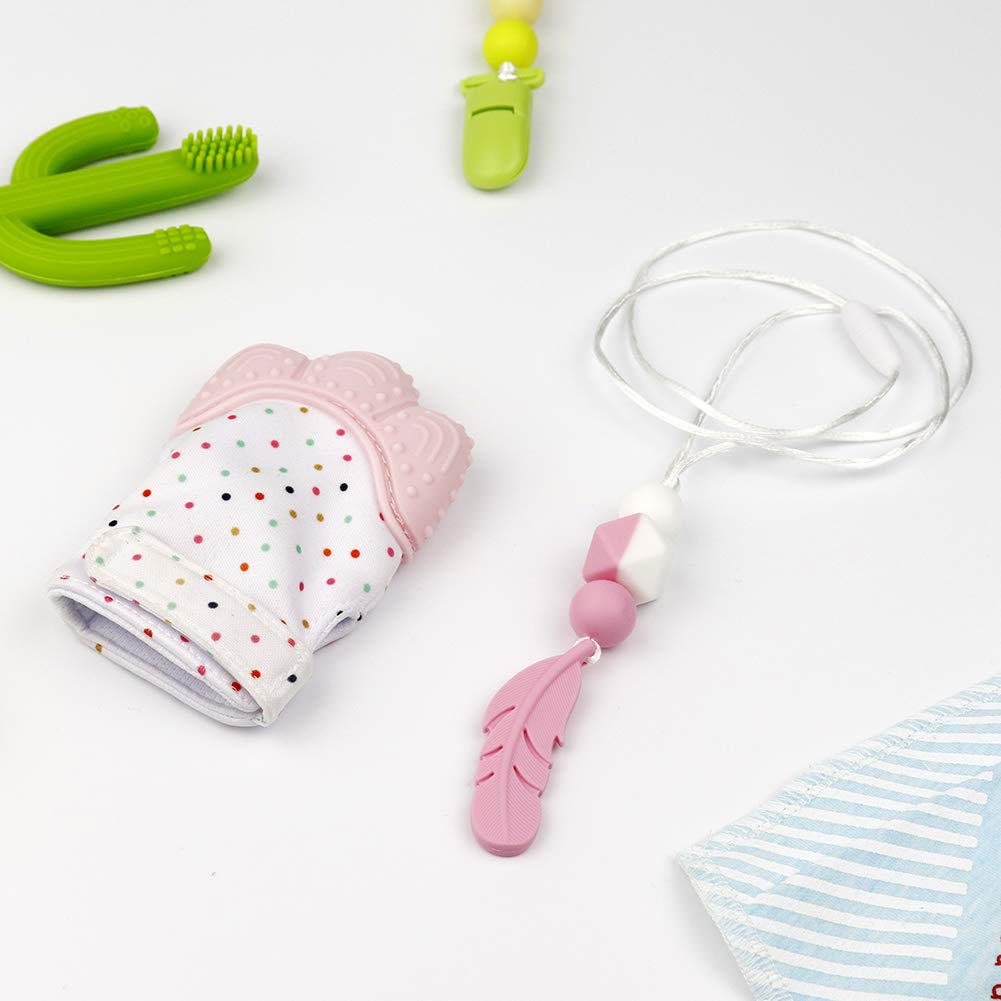 tuxepoc Baby Teething Mittens and Silicone Teething Necklace for mom, Self Soothing Pain Relief Mitt Stimulating,Stylish Chewable Necklace,Silicone Teether Toy,Unisex (Pink)