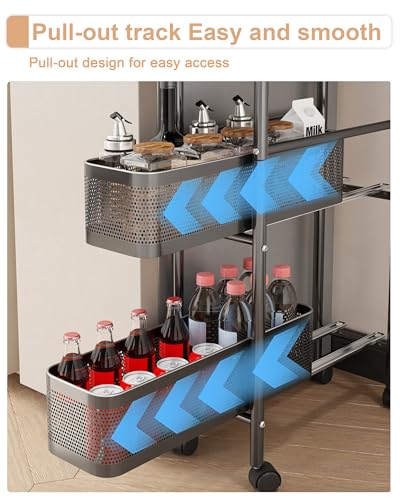 UMDONX Premium Metal Kitchen Trolley Pull out Drawers Narrow 5 Tier, Vegetable Fruit Storage Rack Utility Organiser Cart, Slim Shelving Unit with Universal Lockable Wheels - Black
