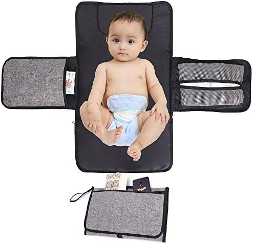 Delswin Baby Diaper Changing Pad with Head Cushion, Wipeable Waterproof Infant Portable Changing Station, Travel Changing Mat for Baby Care (Gray and Black)