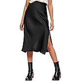 Amy Babe Womens Satin Silk High Waist Slit Midi Skirt Elastic Waistband Midi Skirts for Women
