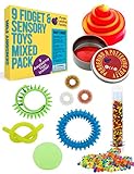 Fidget Toys Mix Pack For Kids - Updated & Improved Value Pack of 9 Sensory Toys for Stress Relief Includes Color Changing Putty, Water Beads, Noodle, Stress Ball, 2 Spiky Bracelets & 3 Fidget Rings