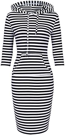 Women Hooded Dress 3/4 Sleeve Sweatshirt Pullover Stripe Keen Length Kangaroo Pocket Dress
