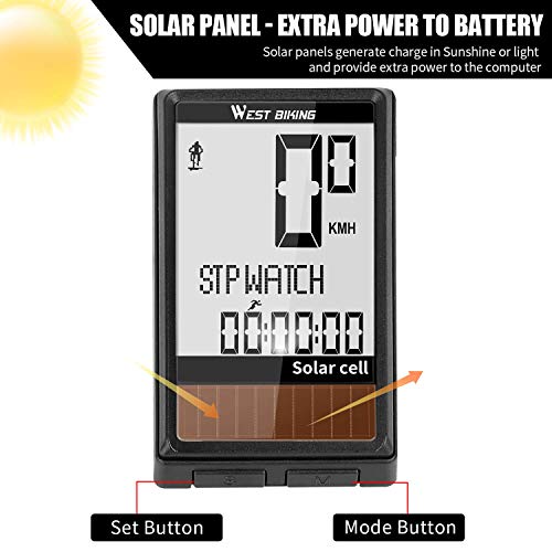 Bike Computer Solar Energy 5 Languages Display, Wireless Waterproof Cycling Speedometer A/B Bicycle Recording, Automatic Wake-up Multi-Functions Cycle Odometer with LCD Backlight, Cycling Accessories