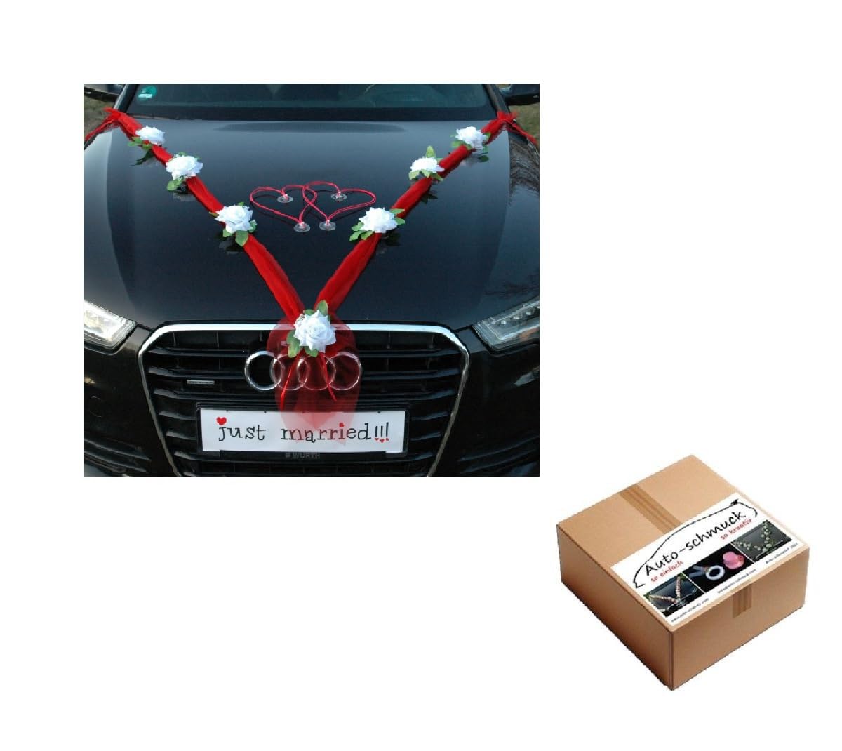 Organza M + Hearts® Car Decoration (Pure White/Red/Red)
