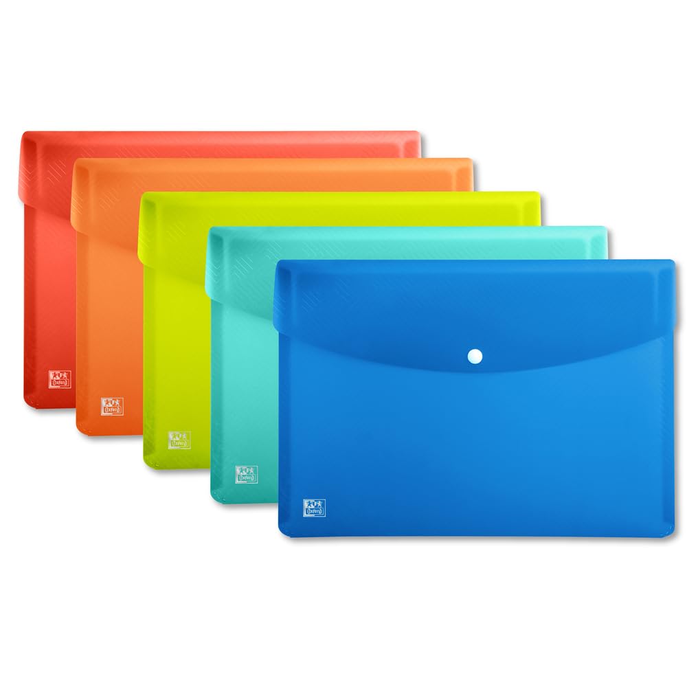 OXFORD A4 Plastic Wallets, Assorted Colours, Document Folders, Pack of 5