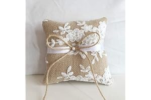 Burlap Ring Bearer Pillow Lace Bow Flower Bridal Embroided Wedding Accessories Vintage Rustic Country Ceremony Cushion