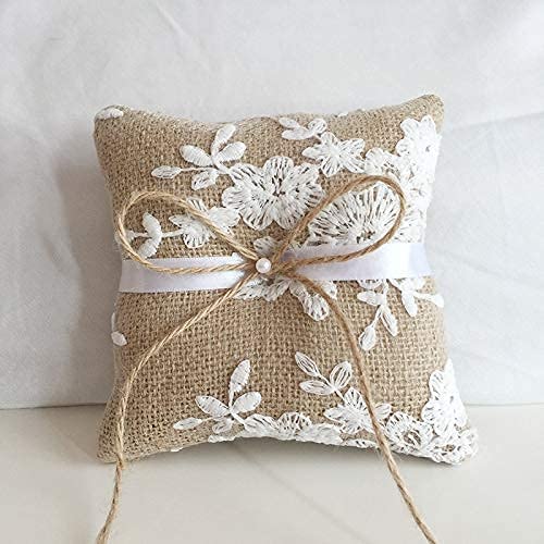 Photo 1 of LABJULY Ring Bearer Pillows Lace Bow Flower for Fall Wedding Ceremony with Vintage Rustic Lace Bow Pearl Embroidered Flower Ribbon (6 inch)