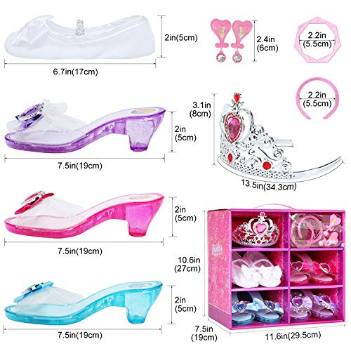 Princess Dress Up Shoes and Jewelry Boutique,Girls Role Play Shoes with Princess Jewelry, 4 Play Shoes with Fashion Accessories of Tiara Crown Earrings and Bracelets for Girls Aged 3 4 5 6 Years Old