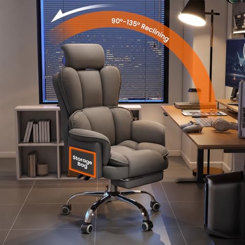 Ergonomic Office Chair with Footrest Executive Desk Chair Big and Tall Gaming Chair PU Leather Computer Chair with Swivel Wheels for Home Office Bedroom Study (White)