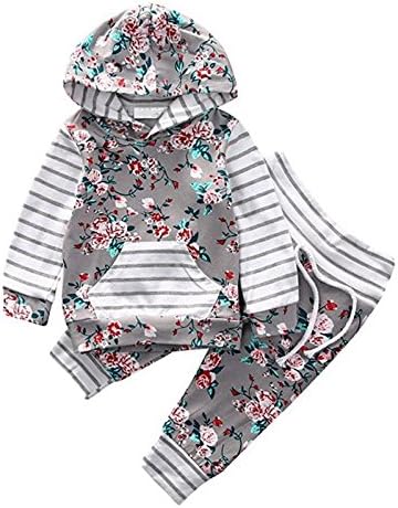 BABYcutest Toddler Infant Baby Girls Long Sleeve Flower Print Hoodie Tops and Pants Outfit Set (70 (0-6 Months), Gray)