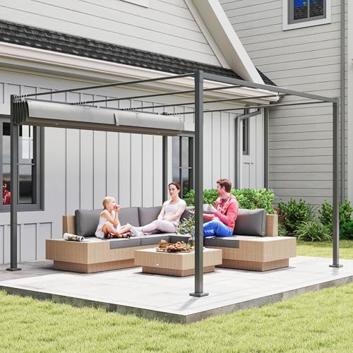 Outsunny 10' x 10' Outdoor Gazebo, Retractable Pergola Canopy with Magnetic Fixture, Free Standing Metal Pergola Kit, UPF30+ Sun Shade Shelter, Grey