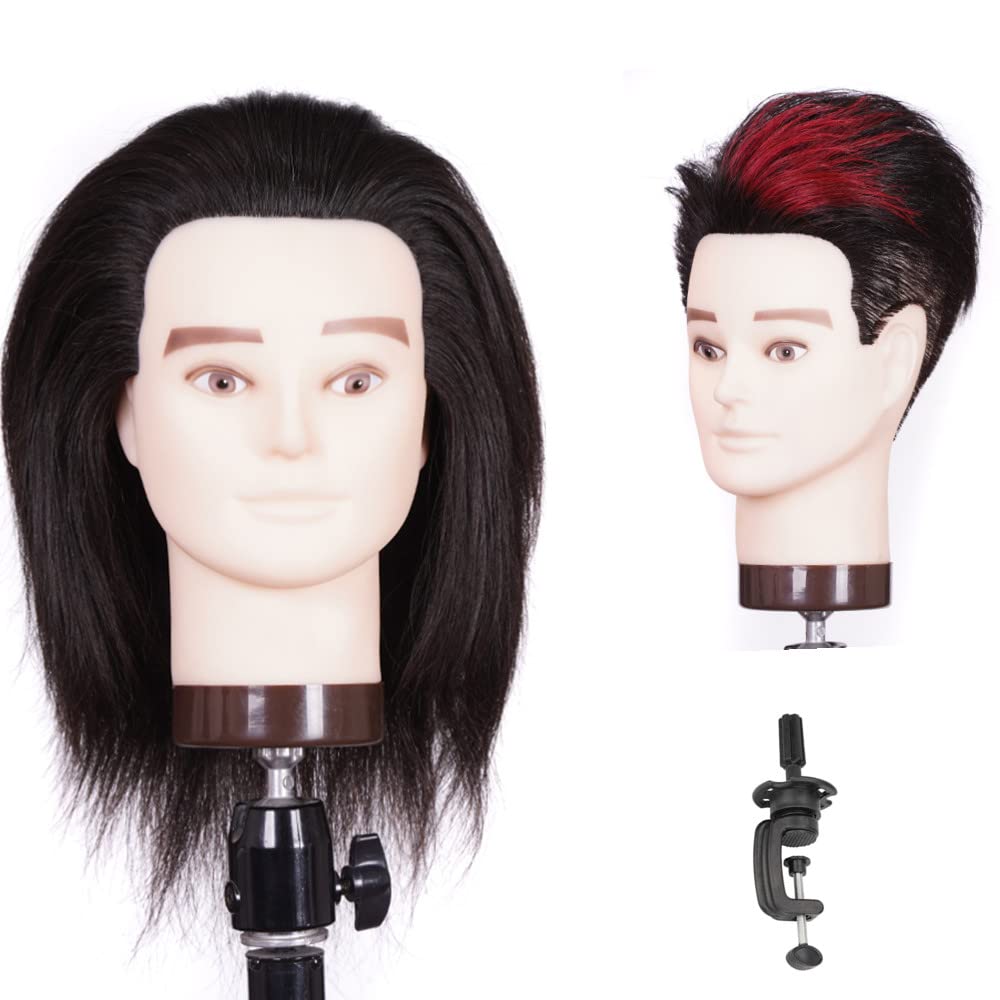 Male Training Heads Head 100% Human Hair, Hairdresser Mannequin Head Mannequin Head Mannequin Head for Cutting Styling With Training Doll Head for Hair Styling and Practice with Clamp Stand (black)