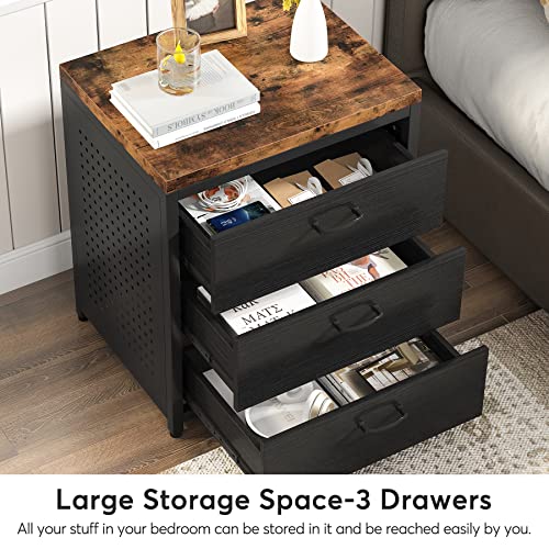 Tribesigns Black Nightstand, 3 Drawers Nightstands, Metal Wood Night