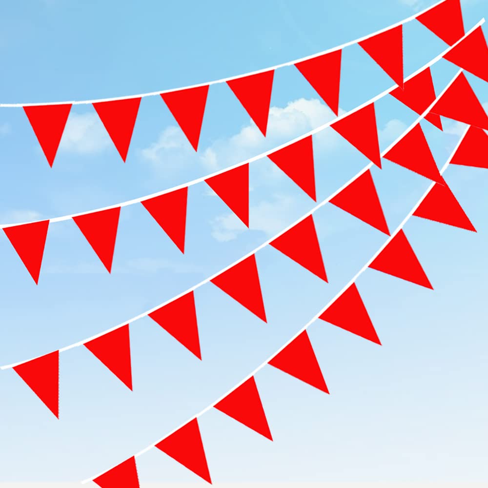 DOJoykey Bunting Banner, 65.6ft Solid Red Polyester Fabric Pennant Banner with 40pcs Triangle Flags Reusable Bunting for Birthday, Mother‘s Day，Wedding, Outdoor Party Decoration