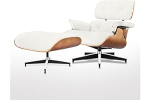 TRANQU Chaise Lounge Chair with Ottoman Leather Top Grain Mid Century Lounge Chair Solid Wood Furniture Swivel Lounge Chair for Living Room Reading Relax Chair White Leather Walnut