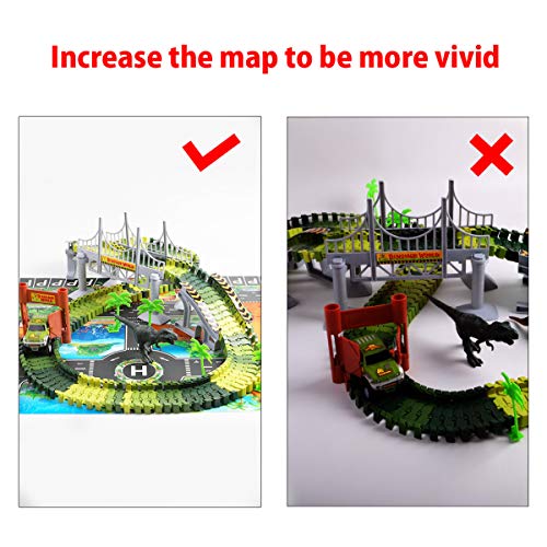 Dinosaur Toys Race Track with Dinosaur Play mat - 142 Pcs Race Car Track Sets Jurassic World Flexible Tracks Playset,2 Dinosaurs and Multiple Elements
