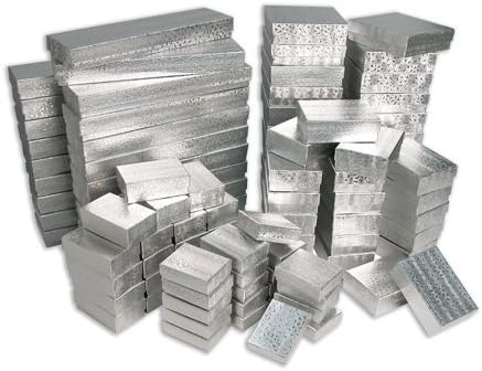 USJS Assorted Mix 5 Sizes Silver Cotton Filled Jewelry Gift Packaging Boxes , 100 Pack