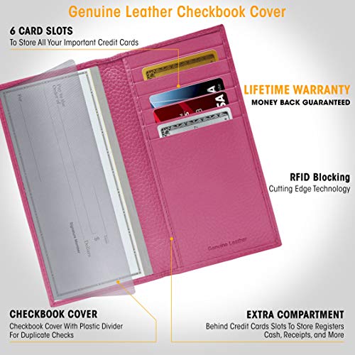 Genuine Leather Checkbook Cover For Women & Men - Checkbook Holder Check Book Covers For Duplicate Checks Card Wallet RFID - Thumbnail 3