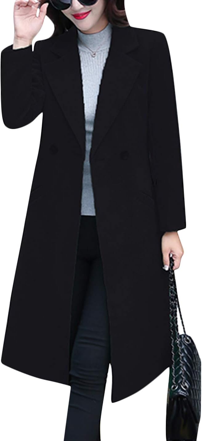 Tanming Women's Notch Lapel Double Breasted Wool Blend Mid Long Pea Trench Coat: Clothing