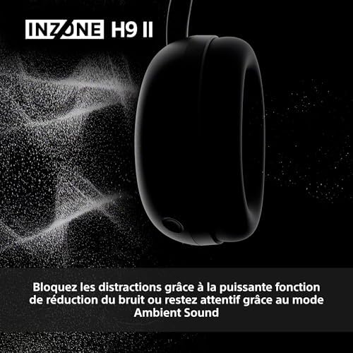 INZONE H9 II - Casque Gaming PC sans Fil à réduction de Bruit Sony, léger, Micro cardioïde IA détachable, 2,4 GHz et Bluetooth, Housse Souple, pour PC, PS5, Switch et Mobile, Noir