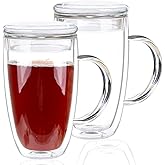 15 Oz Double Walled Glass Coffee Mugs, 2 Packs Clear Coffee Mugs with Lids Insulated Coffee Cups with Handle Perfect for Cappuccino,Tea,milk ,Espresso,Latte, Hot Beverage Set of 2 (Glass lid, 15oz)