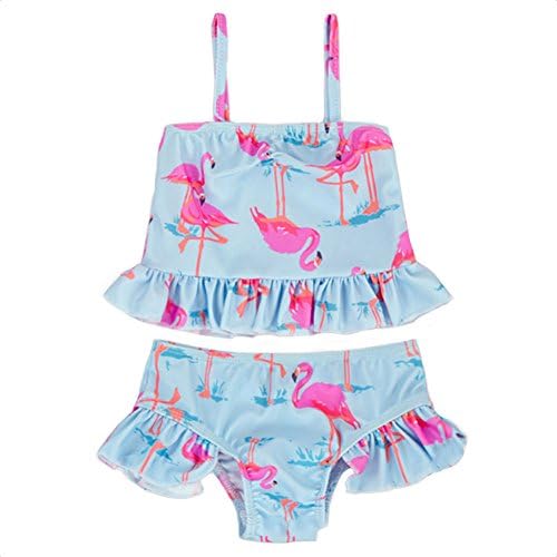 Warmbaby 2PCS Kids Swimwear Girl Cute Swimsuit Bikini Flamingo Blue 4T