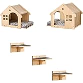 SHENGOCASE 2-Pack Cat Wall House with 3 Steps | Wall-Mounted Shelves Perch Furniture Set Natural Wood, Washable Cat Cushions
