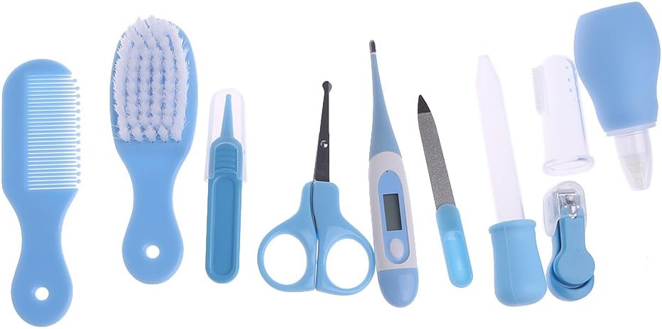 Hijing 10pcs/Set Newborn Baby Kids Nail Hair Health Care Thermometer Grooming Brush Kit, Nursery Kit (A-Blue)