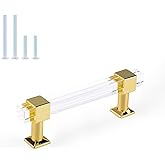 Orger 10 Pack Cabinet Handles for Kitchen Cabinets and Bedroom Cupboards, 3-1/2 Inch Hole Center Cabinet Pulls Square Tube Clear Acrylic Drawer Pulls with Gold Finish Base