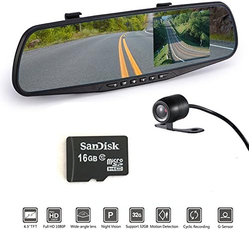 Oterleek Full HD 1080P Car Dvr Camera 4.3 Inch Rearview Mirror Digital Video Recorder Dual Lens Registrar Camcorder with 16GB TF Card