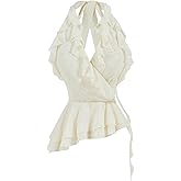 Milumia Women's Ruffle Halter Top Wrap V Neck Peplum Tie Backless Asymmetrical Going Out Tops